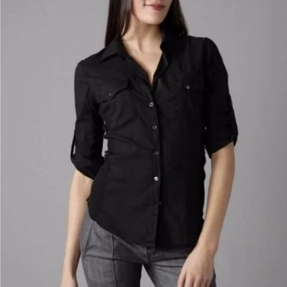 JAMES PERSE Black Jersey Slub Knit Open V Neck Button Down 3/4 SleeveTop M (2) - Picture 1 of 8